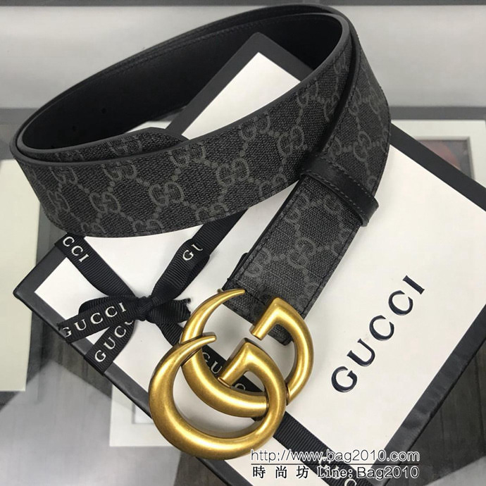 GUCCI古馳 官網經典款 原單品質 專櫃PVC提花面料 頭層黑色皮底 原單復古金GG扣 男士皮帶  xfp1447